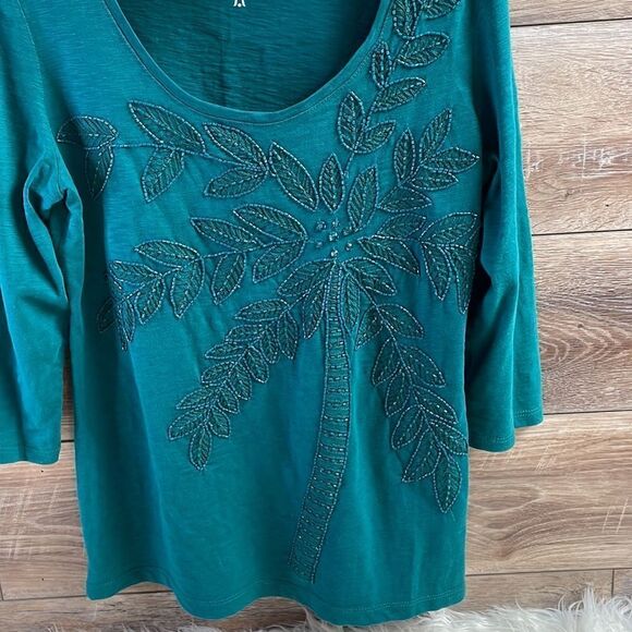 Coral Bay PS Ladies Emerald Green Scoop Neck 3/4 Sleeve Beaded Top Palm Tree - Picture 3 of 6